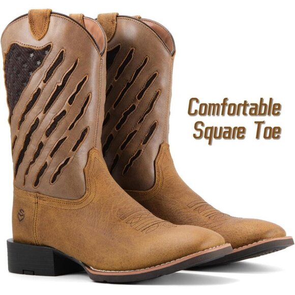 Men’s Faithful Brown Square Toe Leather Durable 10-inch Pull-on Wellington Boots